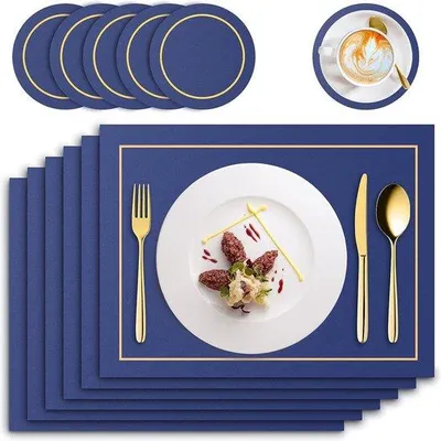 Produktbild von Unyqoos® Kunstleder Platzsets – 6er Set (6× Platzsets 41×31 cm + 6 Untersetzer 10×10 cm), abwaschbar, wasserfest, rutschfest, hitzebeständig bis 82 °C, blau