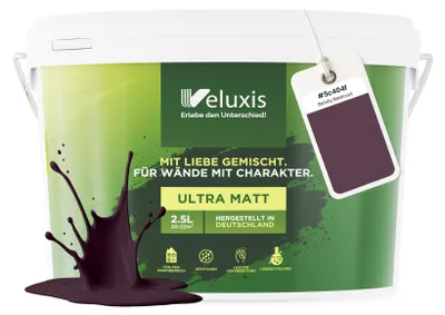 Produktbild von Wandfarbe Lila Braun Grau Matt Innenfarbe – Deckkraft Klasse 1, VOC-frei, Ohne Grundierung, Tropfarm – Wohnzimmer & Schlafzimmer – 2,5L – Veluxis (Beady Beetroot)