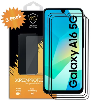 Productafbeelding van 3-Pack MobyDefend Screenprotectors - Geschikt voor  Samsung Galaxy A16  -  Screensavers Met Zwarte Randen - Gehard Glas