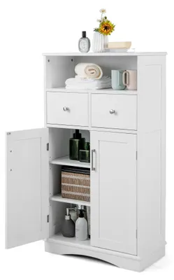 Produktbild von Badezimmerschrank mit offener Ablage und 2 Schubladen, Unterschrank für Badezimmer und Wohnzimmer, 60 × 30 × 108 cm (Weiß)