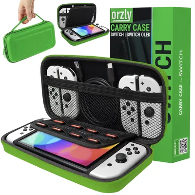 Immagine prodotto di Custodia protettiva Orzly compatibile con Nintendo Switch e New Switch OLED, borsa da viaggio rigida verde con tasche per accessori e giochi