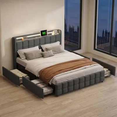 Image de Cadre de lit ProximaX en lin gris 160 x 200 cm avec 4 tiroirs, LED RGB et station de recharge USB, lit rembourré avec tête de lit
