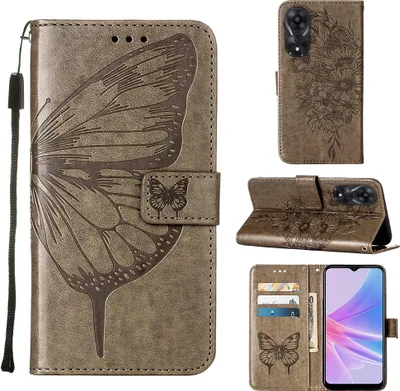 Produktbild von Lederhülle für OPPO A78 5G / A58 5G Schmetterling Prägung Flip Ledertasche Kartenfächer Handyhülle mit Ständer Grau