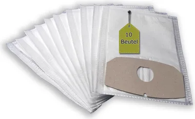 A fanned stack of white vacuum cleaner bags with a green tag indicating '10 Beutel' (10 bags) and a cardboard adapter plate.