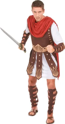 A man dressed in a Roman gladiator costume holding a sword.