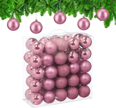 Image de Lot de 50 boules de Noël Relaxdays, en plastique, diamètre : 6 cm, décorations rondes pour sapin de Noël, décorations incassables, rose