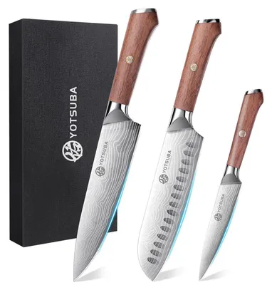 Produktbild von Küchenmesserset 3-teilig Carbon Edelstahl Ultra Scharf Chefmesser Santokumesser Allzweckmesser Silber