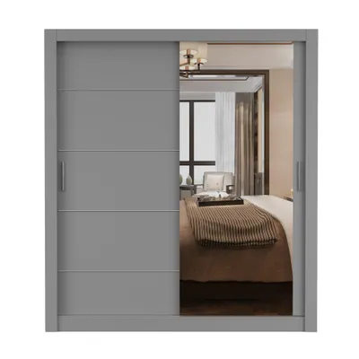 Produktbild von Schwebetürenschrank LION, Schlafzimmer, Kleiderschrank Schrank 180 cm Grau/Grau mit Spiegel, alufarbene PVC-Griffe