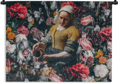 Produktbild von MuchoWow® Wandteppich Wandbehang Vermeer - Milchmädchen - Blumen 120x90 cm Tapisserie Dekoration Wandtuch - Wohnen - Aufhänger für die Wand