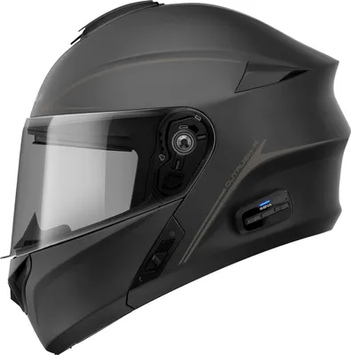 A matte black modular motorcycle helmet with a clear visor and a Sena Bluetooth communication system attached to the side.