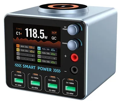 Zdjęcie produktu dla [GaN Tech] WLX-F4 PD100W – Stacja ładowania biurkowa z 8 portami USB i wyświetlaczem LCD. 4 porty USB-A, 4 porty USB-C, szybkie ładowanie PD i QC3.0
