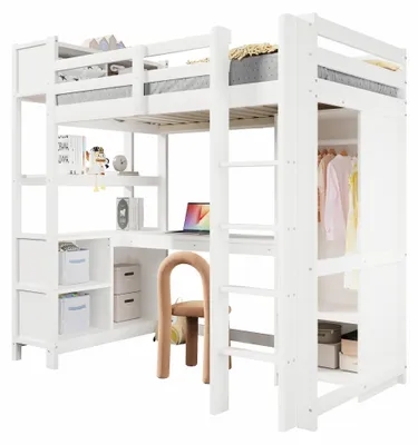 Zdjęcie produktu dla Łóżko piętrowe – łóżko pojedyncze 90 x 200 cm – drewniane – z półkami i schowkami – z biurkiem i szafą – bez materaca – białe