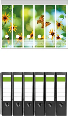 Produktbild von Wallario 6 Stück breite Ordner inkl. Klebeetiketten mit Motive Blumen mit Schmetterling -  Set mit Rückenschildern / Ordnerrücken Stickern