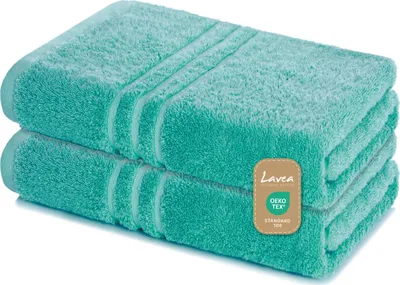 Zdjęcie produktu dla Lavea® zestaw 2 ręczników do sauny 80x200 cm, ręcznik kąpielowy XXL, 100% bawełna frotte, bardzo chłonny, łatwy w pielęgnacji 60°C, Elena, turkusowy