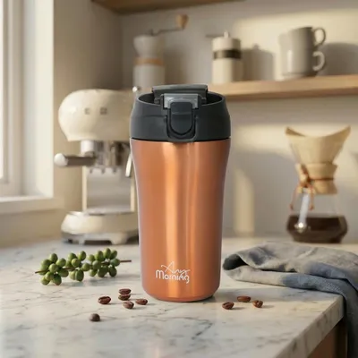 Produktbild von Any Morning Reise-Kaffeetasse mit Deckel und Strohhalm, isolierter Edelstahl-Kaffeepokal, Reise-Kaffeebecher für heiße und kalte Getränke, auslaufsicher und verschüttungssicher, 14 oz, kupferfarben