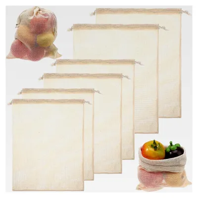 Produktbild von 6 Stück Baumwoll Obstnetz, Wiederverwendbare Netztasche mit Kordelzug, Gemüsebeutel zur Aufbewahrung von Obst und Gemüse, Waschbar, Beige (3 Größen)