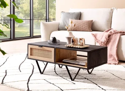 Produktbild von Couchtisch Sofatisch Massivholz Rattan 90x45x37cm Wohnzimmertisch Tisch