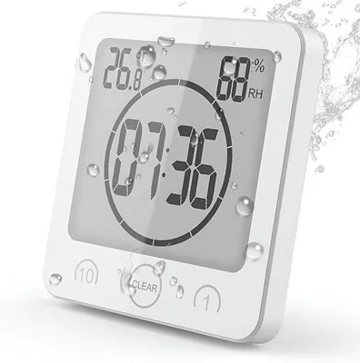 Obrázek produktu pro Digitální LCD sprchový budík do koupelny, napájený bateriemi, s teploměrem, vlhkoměrem a odpočítávacím časovačem