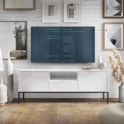 Produktbild von Weißes Modernes Geriffeltes TV-Board KIOTO RTV2D1SZ Schwarz Gestell Lowboard