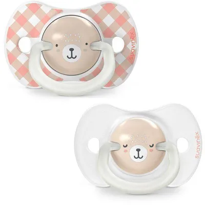 Image de Sucettes Symétriques SUAVINEX Night&Day Wild&Free SX Pro, 6-18 Mois, Lot de 2, Rose, Anneau Phosphorescent