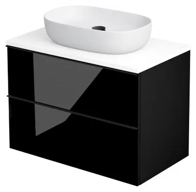 Produktbild von Waschtisch mit Unterschrank ONE 2 Schubladen Schwarz Hochglanz Weiß 80x50x46 hängend Badmöbel Badezimmer Badezimmermöbel Waschbeckenschrank
