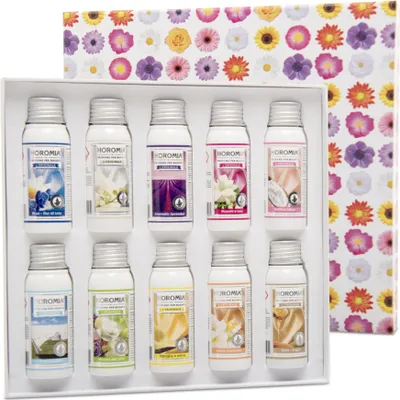 Produktbild von Wäscheparfüm Set, Geschenkbox, 10x50ml, Duft für Wäsche, Textilerfrischer, Kunststoff, Grün/Orange/Weiß