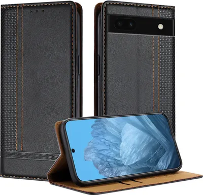 Obrázek produktu pro Pouzdro pro Google Pixel 6A kožené flipové pouzdro s funkcí stojánku černé