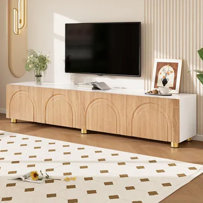 Produktbild von Merax TV Lowboard mit 4 Türen und Bogenrelief, TV-Schrank mit Metallfüße und Stauraum, Minimalistisches Design TV Board aus Spanplatte, Natur