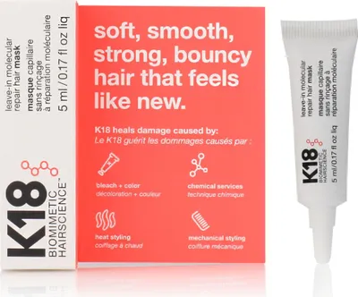 A product box and a small tube of K18 Leave-In Molecular Repair Hair Mask.
