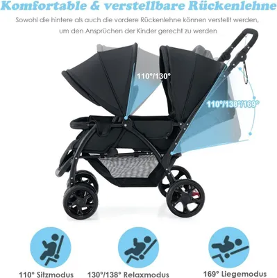 Produktbild von Faltbarer Zwillingskinderwagen mit verstellbarer Rückenlehne, Schwarz