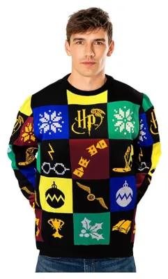 Image de Pull de Noël Harry Potter Deluxe en patchwork tricoté, taille XXL