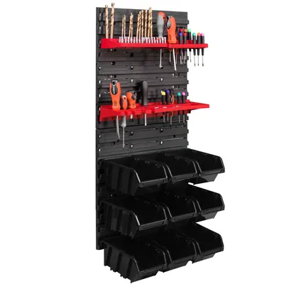 Produktbild von 9 Stapelboxen Werkzeughalter Wandregal Werkstattregal Werkzeugwand 39x78cm Werkzeughalter Lagersystem Schüttenregal Sichtlagerkästen Extra Starke Wandplatten Regal Erweiterbar Werkstattregal Lagerre