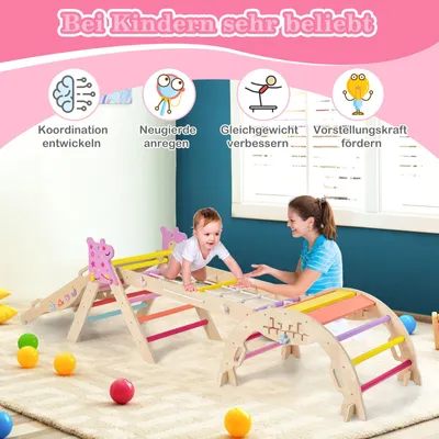 Produktbild von GOPLUS Klettergerüst, 4er Set Kletterspielzeug mit Kletternetz, Kletterbogen, Wippe & Leiter, inkl. Baustein Set, Kletterdreieck für Kinder, Einhorn