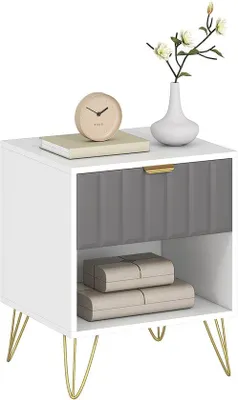 Image de Table de chevet en acier, pied en métal, poignée de tiroir