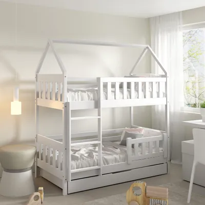 A white wooden bunk bed with a house-shaped frame, set up in a child's bedroom with soft lighting and a window in the background.