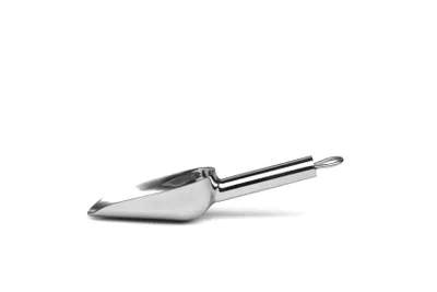 A stainless steel scoop is shown on a white background.