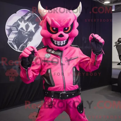 Immagine prodotto di Personaggio mascotte REDBROKOLY di un Diavolo Rosa vestito con una giacca da moto e delle sciarpe