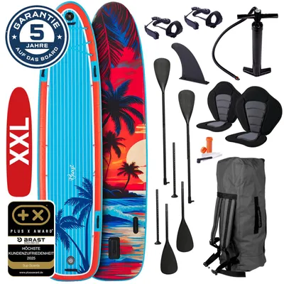 Produktbild von BRAST SUP Board Family | Aufblasbares Stand up Paddle Set XXL | 370x87x15cm bis 250kg | 7 Designs | inkl. Zubehör 2X Kajak-Sitz 2X Fußschlaufe 2X Paddel Pumpe Rucksack | Sunset
