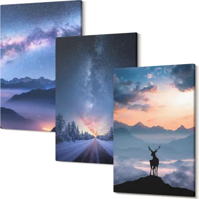 Produktbild von Wandbild – Leinwandbild – Leinwandbilder – Polycanvas – Kunstdruck – Modern – Panorama – Mehrteilig – 3-Teilig Set – Hochwertig – Lichtecht – Geruchslos – 20x30 Cm Je Element - Nachthimmel, Berge, Landschaften im Nebel und Hirsche