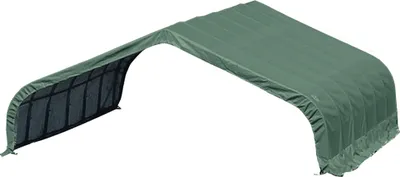 A green car shelter or tent garage shown from a diagonal angle against a white background.