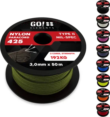 Produktbild von GO!elements 50m Paracord Seil aus reißfestem Nylon - 3mm Paracord 425 Typ II max. 192kg - Schnüre als Outdoor Seil, Allzweckseil, Survival Seil, Armband, Hundeleine, Nylonschnur, Farbe: Oliv