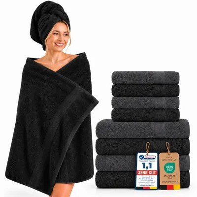 Produktbild von Komfortec 8er Handtuch Set aus 100% Baumwolle, 4 Badetücher 70x140 und 4 Handtücher 50x100 cm, Frottee, Weich, Towel Groß Anthrazit Grau/Schwarz