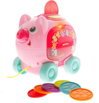 Productafbeelding van Spaarvarken voor baby's - Trekkoord - 10 munten - 30 geluiden - 37 woorden en zinnen - Spaans en Engels - Knipperend licht - Twee speelmodi