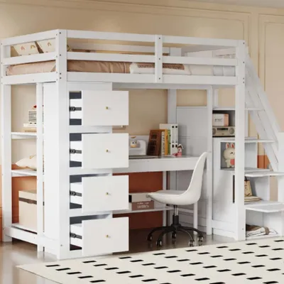 Immagine prodotto di Letto a soppalco AIORBER, 90 x 200 cm, in legno massiccio, con 4 cassetti portaoggetti, ripiani, scala di sicurezza con vano portaoggetti, letto per ragazzi, per la camera dei bambini, bianco