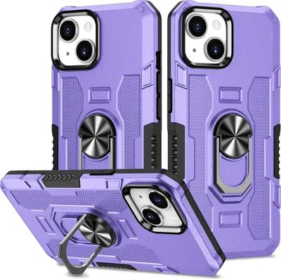 Immagine prodotto di Custodia per iPhone 15, resistente custodia a due strati con supporto per anello e supporto Viola