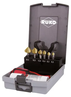 Produktbild von RUKO Kegel- und Entgratsenker-Bit-Satz 90° "Lang" HSS-TiN in Kunststoffkassette - 8 tlg. - 102319TRO