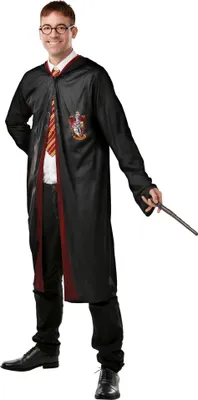 A man wearing a Harry Potter Gryffindor costume, holding a wand.
