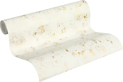 A roll of wallpaper with a white and gold textured pattern is shown on a white background.