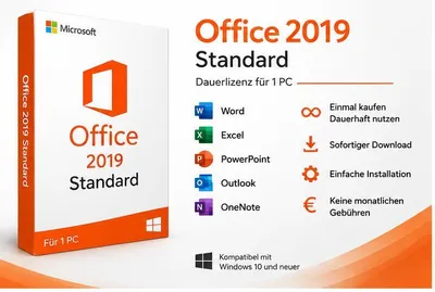Produktbild von Microsoft Office 2019 Standard | Dauerlizenz für 1 PC | Word, Excel, PowerPoint, Outlook, OneNote | Sofortiger Download & Aktivierung