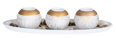 Produktbild von Deko-Tablett Kerzenhalter L39cm Weiß Gold Gewischt Shabby Chic Vintage Tischdeko
